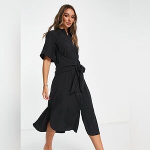 Topshop plisse midi tie front shirt dress in black